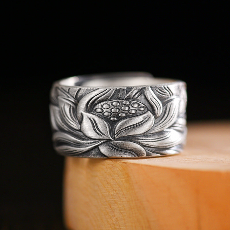 Wholesale Thai Silver Lotus Vintage Heart Sutra Ring